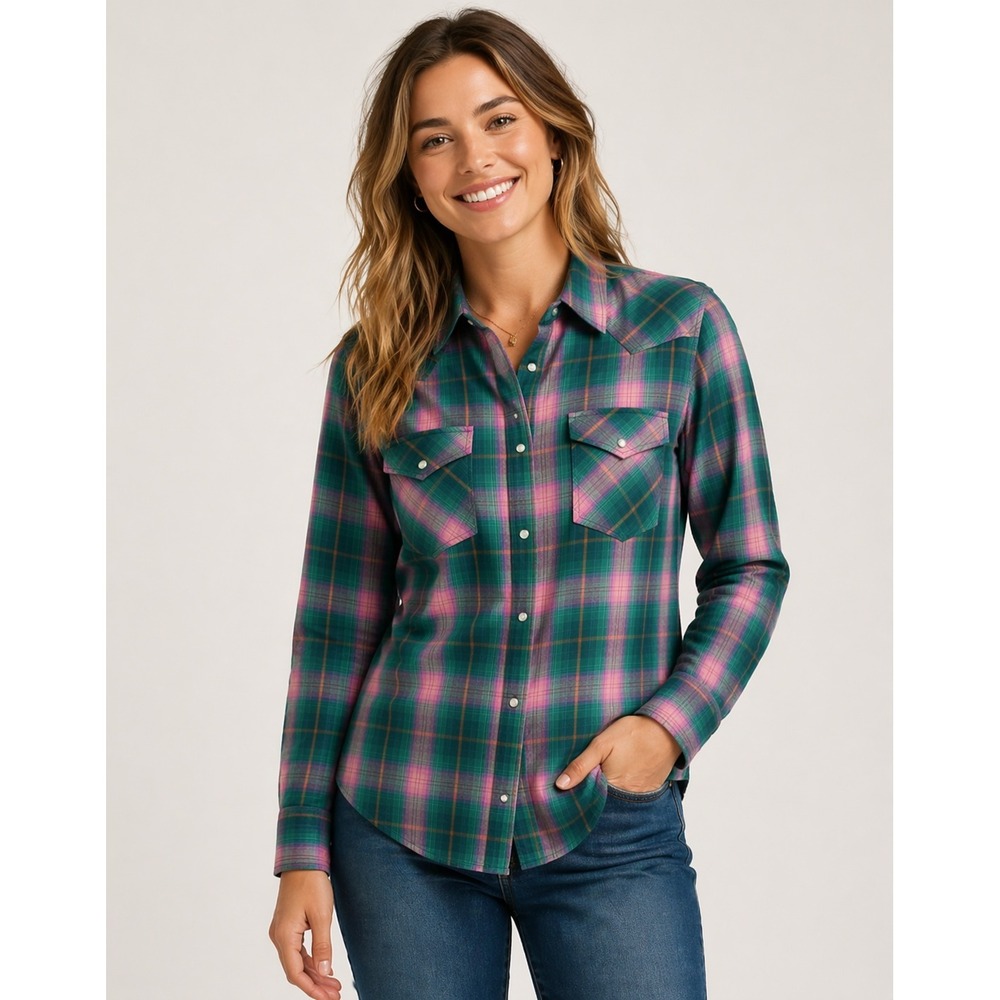 Wrangler Womens XXL Green Pink Plaid Western Snap Front Long Sleeve Shirt
